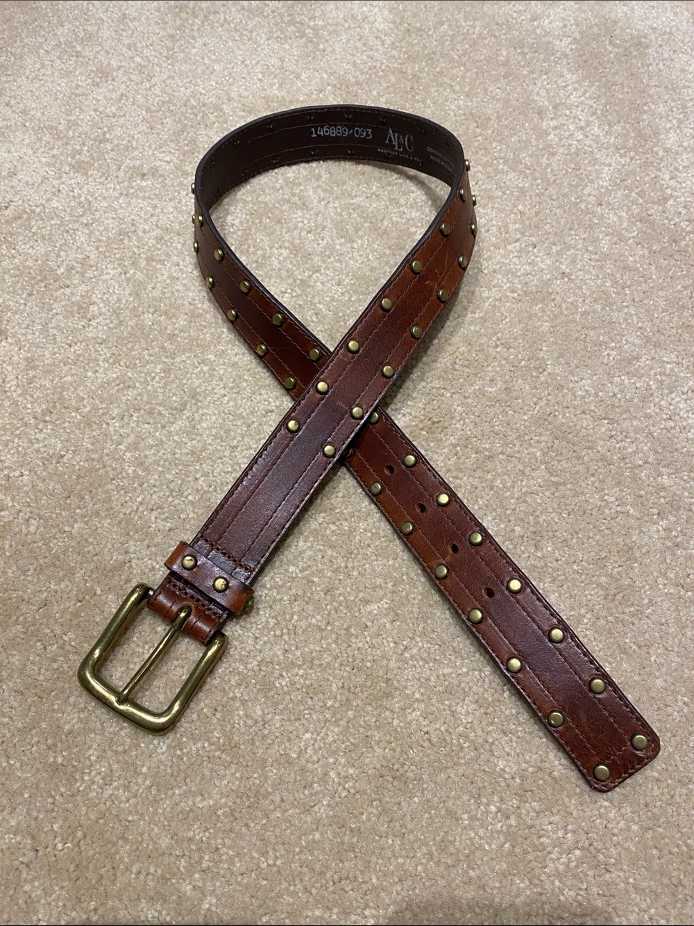 Women’s Brown Studded Leather Belt with Brass Buckle